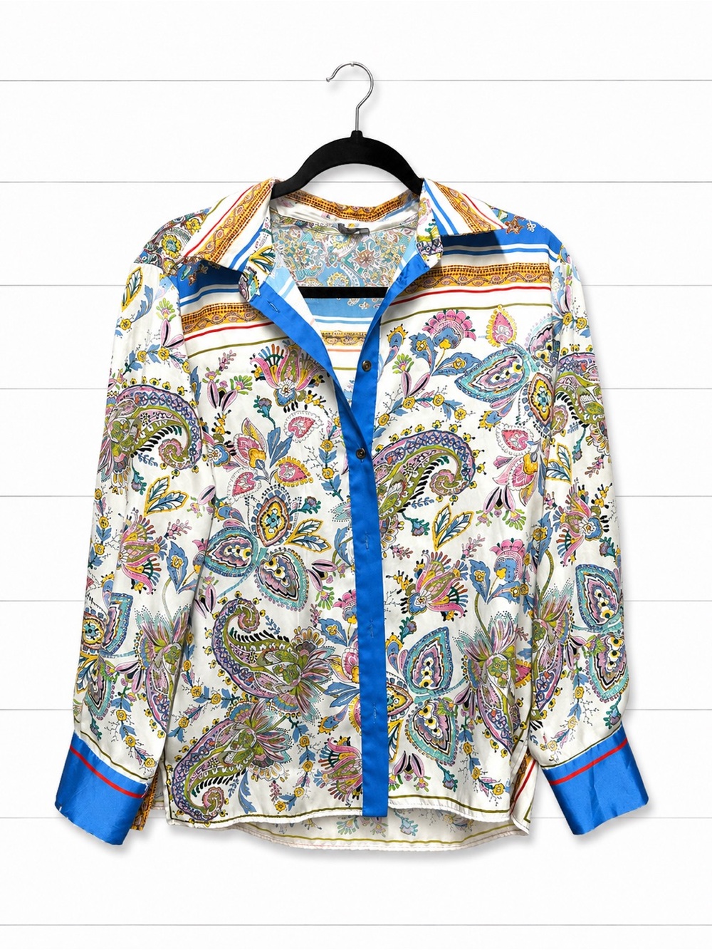 Zara White Paisley Blouse with Blue Trim